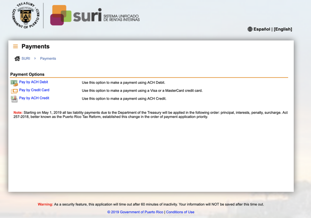 SURI Excise payment website screensot