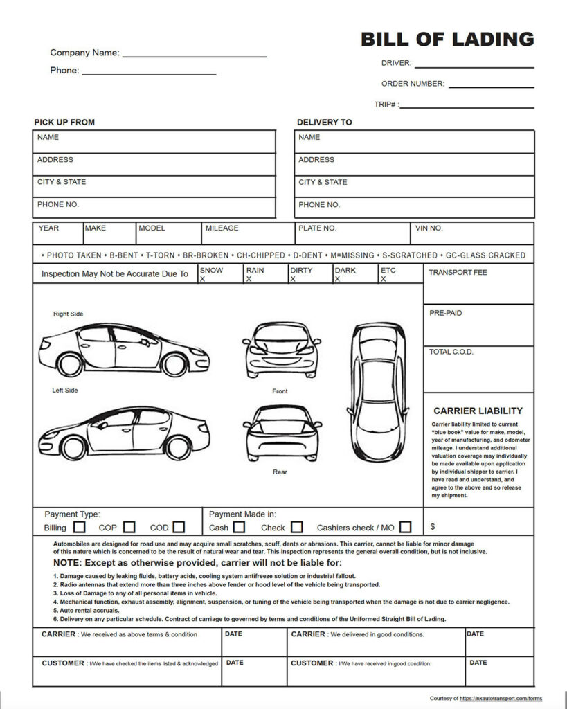 auto transport bill of lading print size 8.5 x 10