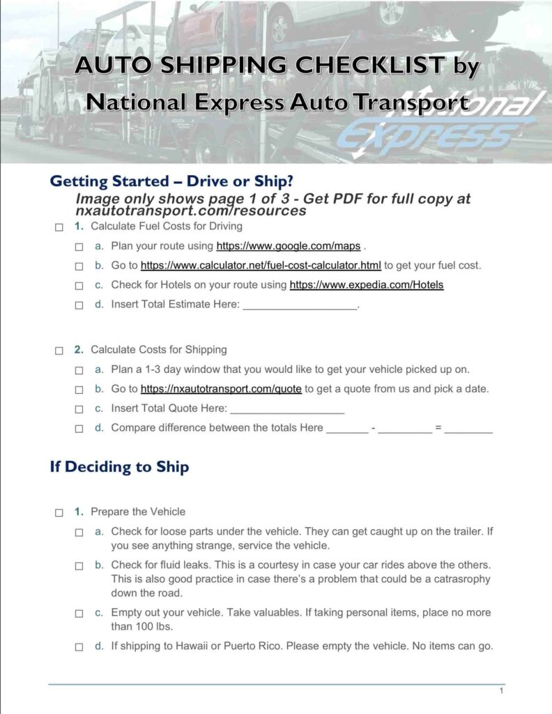 Car Shipping checklist