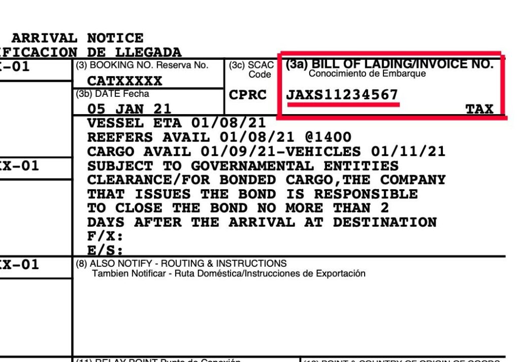 san juan arrival bill of lading number to pay import tax